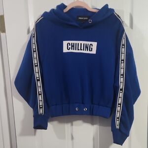 New Look Blue CHILLING Cropped Hoodie with Sleeve Tape